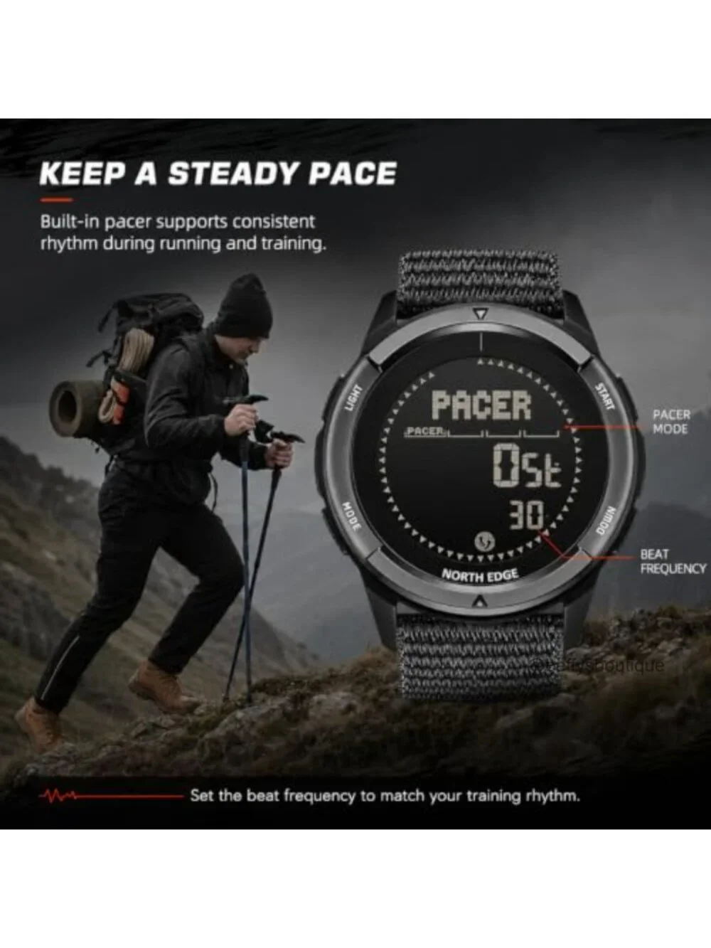 Men's Outdoor Digital Compass Watch with Pedometer, 50M Water Resistant, Carbon